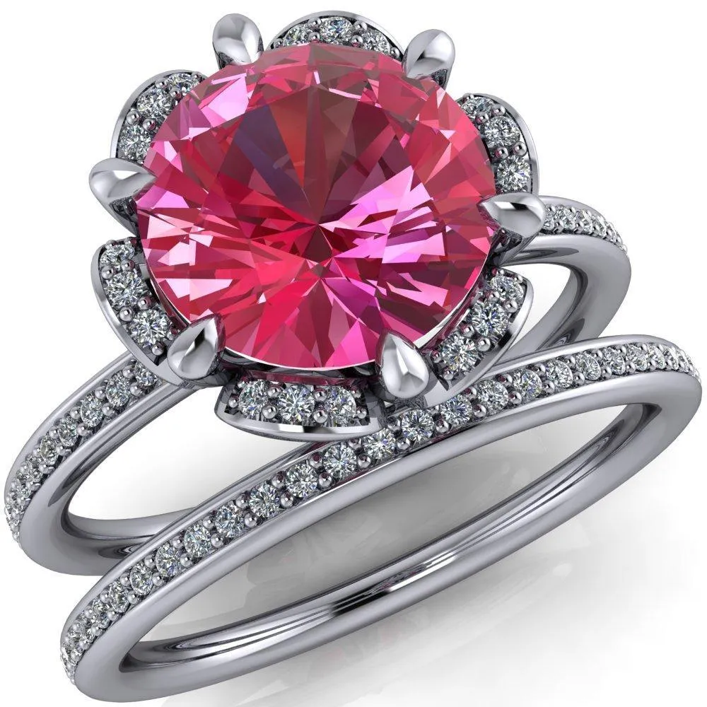 Daisy Round Pink Sapphire Floral Diamond Basket Design and Diamond Shoulders Ring