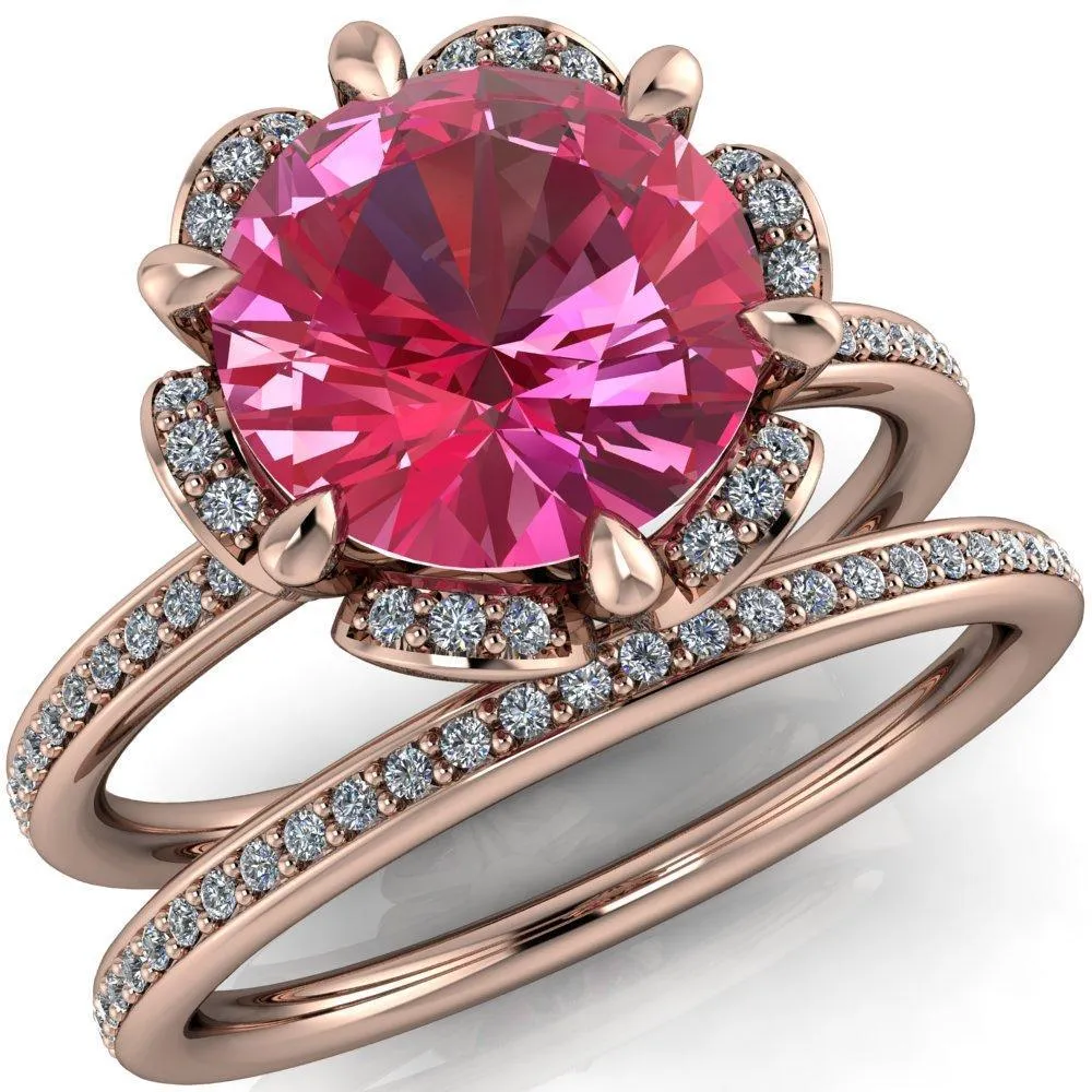 Daisy Round Pink Sapphire Floral Diamond Basket Design and Diamond Shoulders Ring