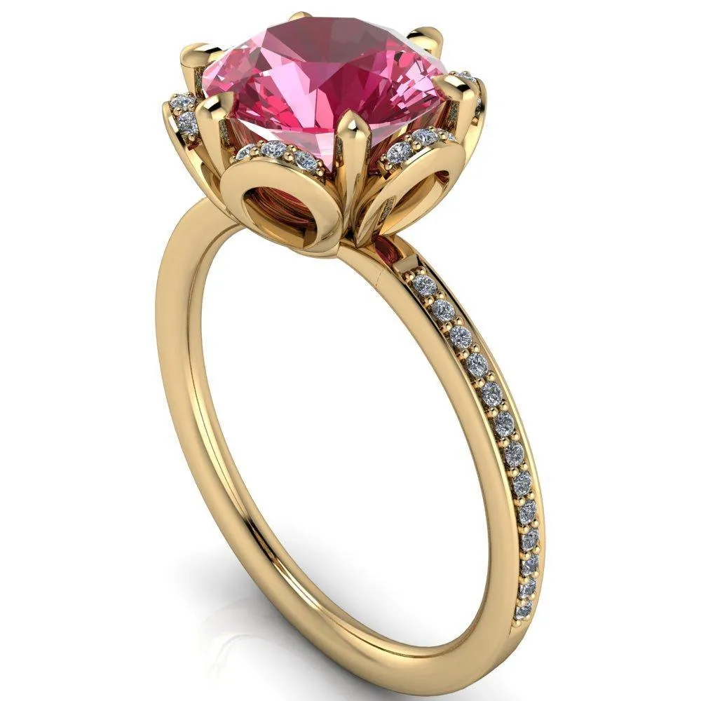 Daisy Round Pink Sapphire Floral Diamond Basket Design and Diamond Shoulders Ring