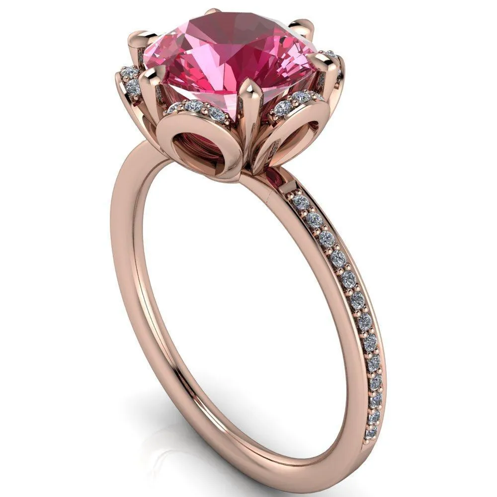Daisy Round Pink Sapphire Floral Diamond Basket Design and Diamond Shoulders Ring