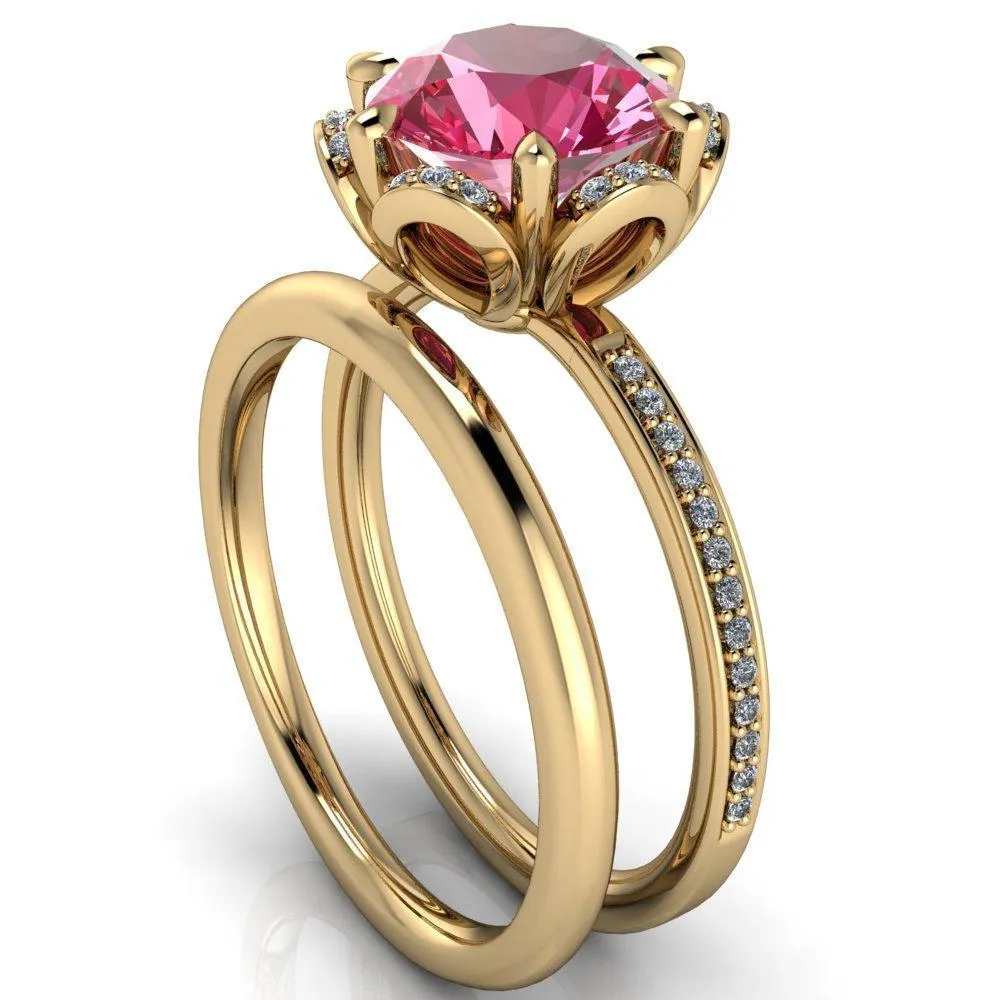 Daisy Round Pink Sapphire Floral Diamond Basket Design and Diamond Shoulders Ring