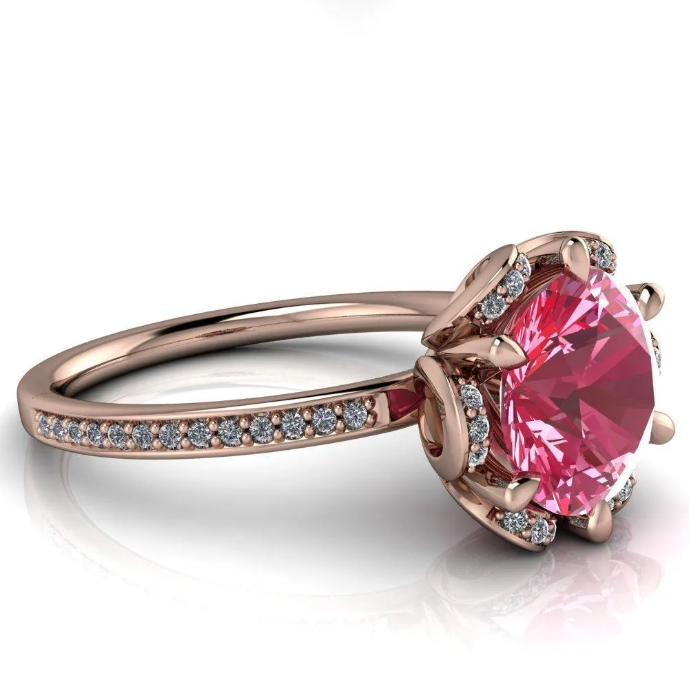 Daisy Round Pink Sapphire Floral Diamond Basket Design and Diamond Shoulders Ring
