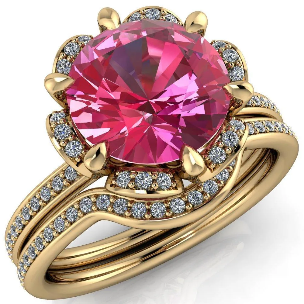 Daisy Round Pink Sapphire Floral Diamond Basket Design and Diamond Shoulders Ring