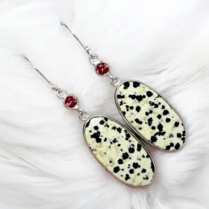 Dalmatian Jasper & Garnet Solid 925 Sterling Silver   Earrings