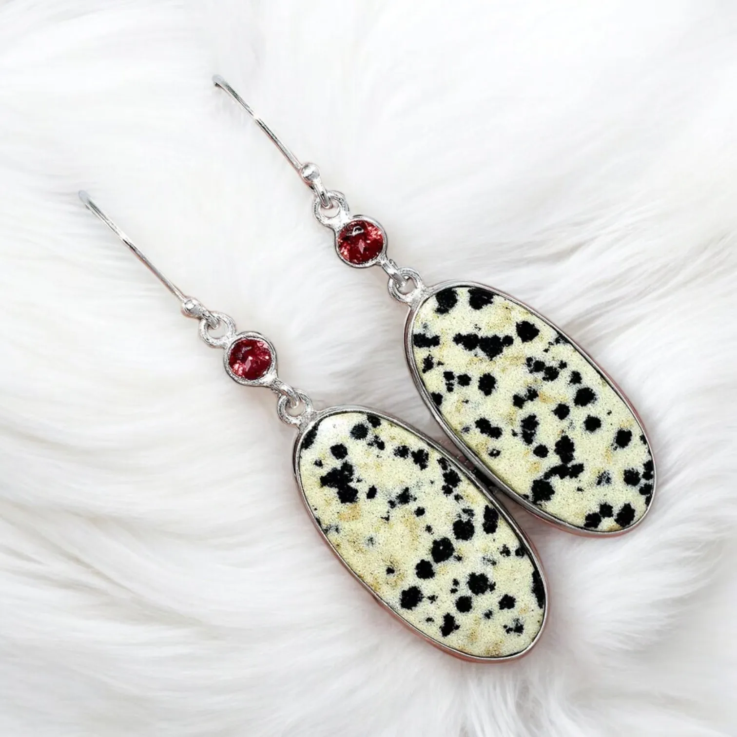 Dalmatian Jasper & Garnet Solid 925 Sterling Silver   Earrings