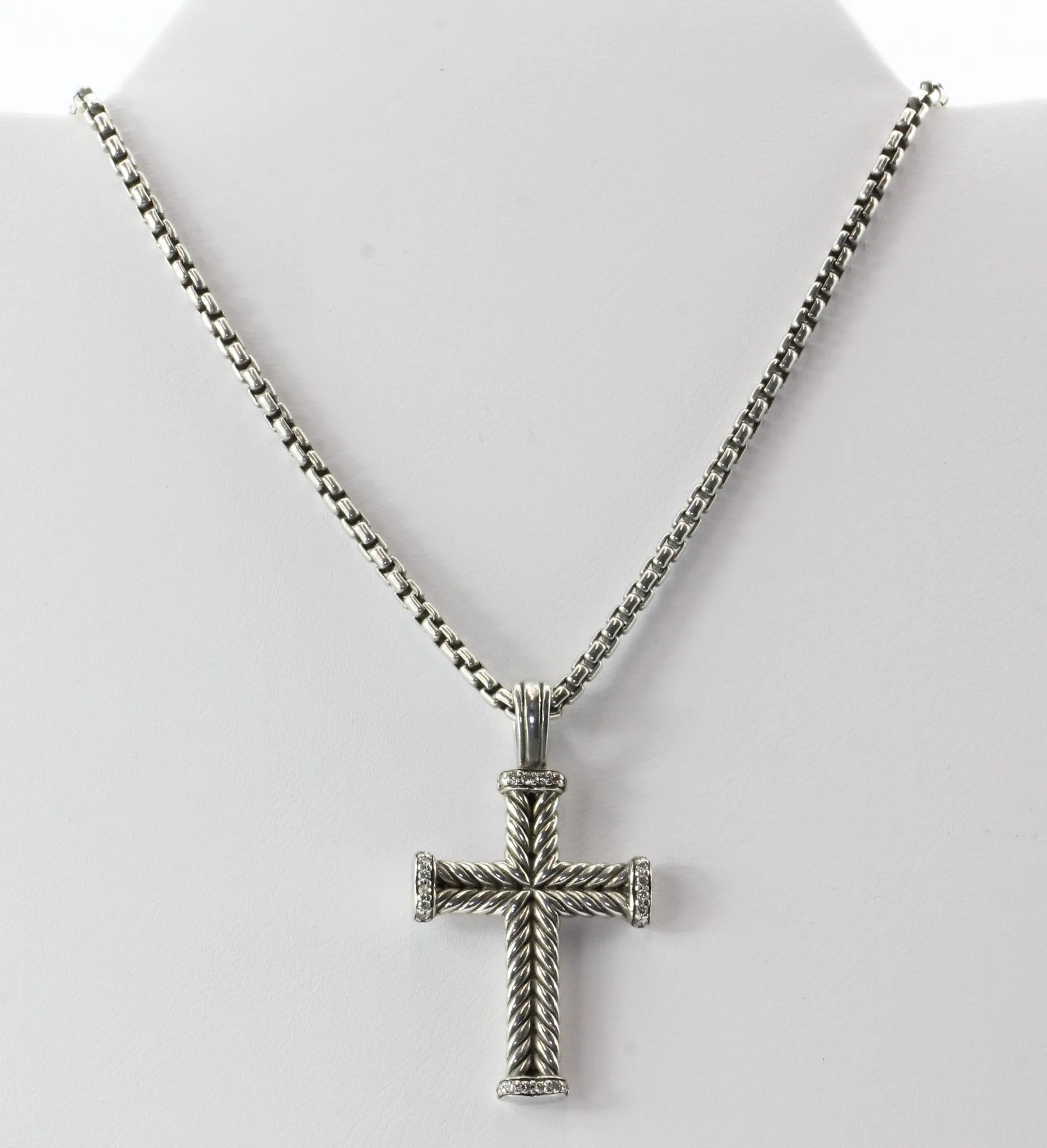 David Yurman Sterling Silver Chevron Diamond Cross Pendant & Chain