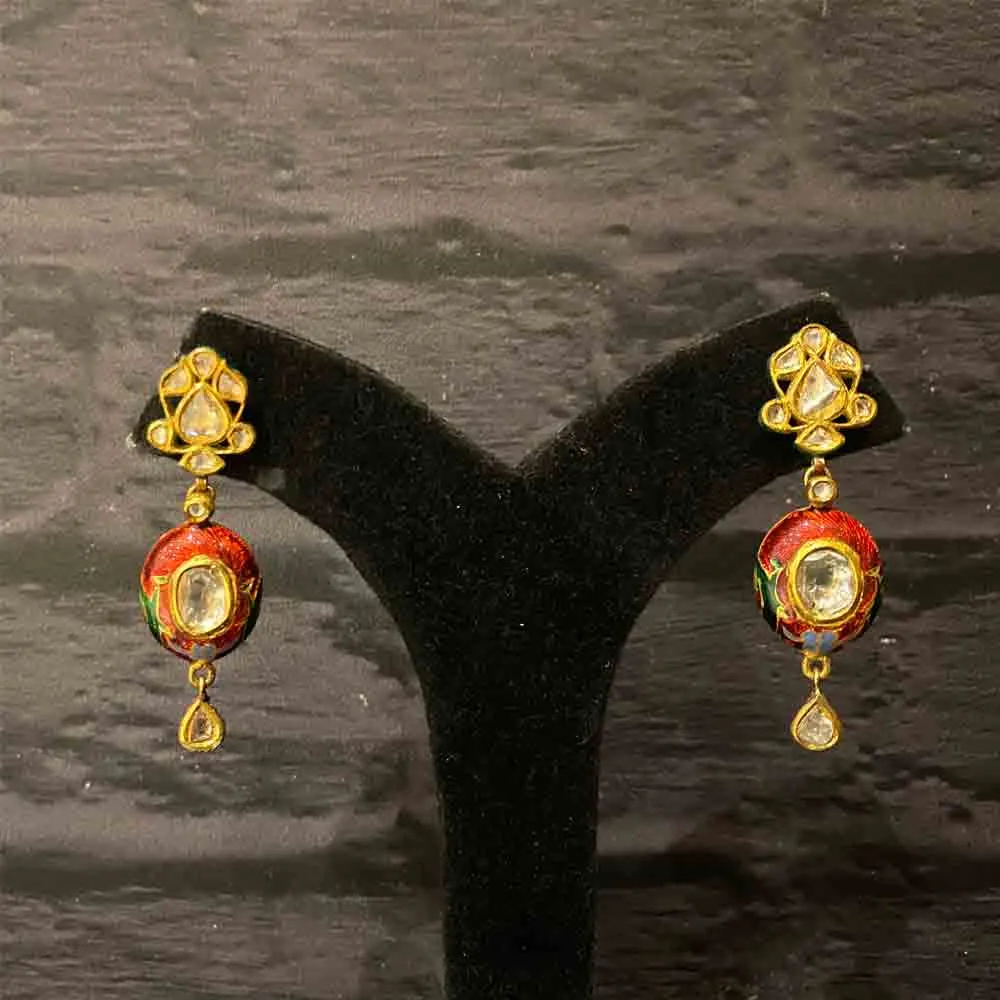 Delicate Red Stone And Kundan Earrings