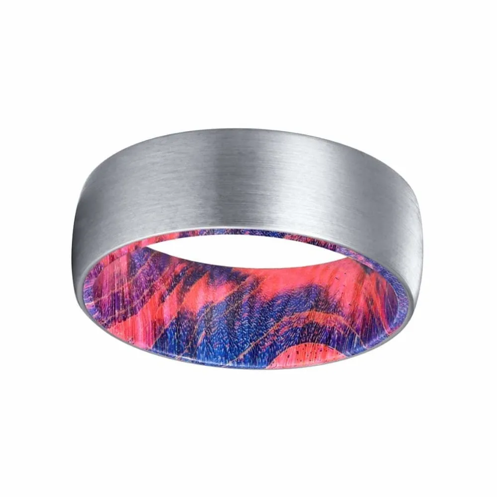 DEUS Men's Tungsten Wedding Band with Red & Blue Box Elder Wood Sleeve 8mm