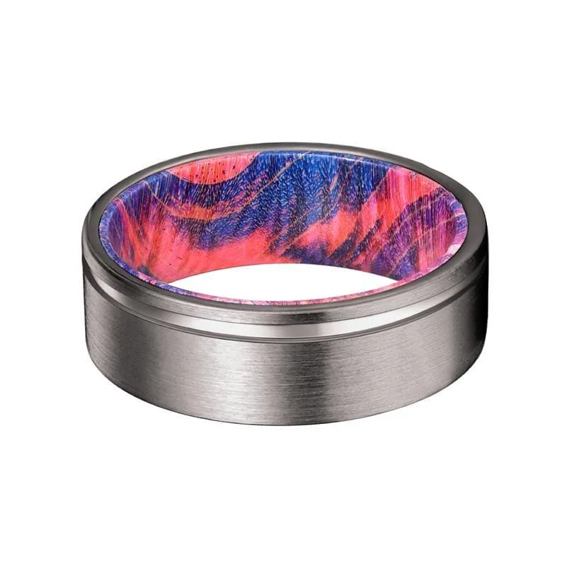 DEVO Men's Grooved Tungsten Ring with Red & Blue Box Elder Wood Sleeve 8mm