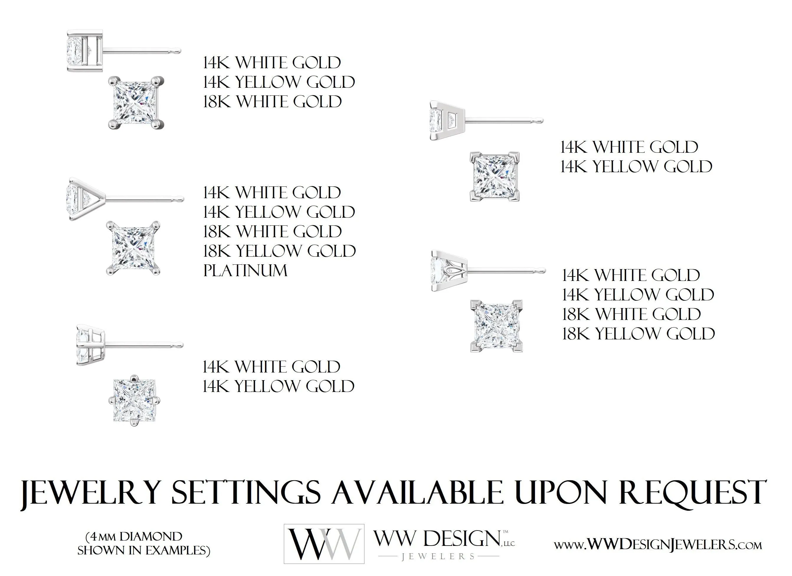 DIAMOND Earring Studs Princess Square Cut 3X3mm 0.32 ctw (each 0.16cts) Genuine F  VS Post w 14k Solid Gold (Yellow Rose White) Platinum
