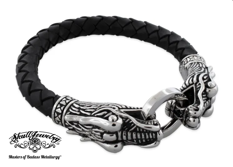 Double Dragon Leather & Stainless Steel Bracelet - 8-1/2 inches (#899)