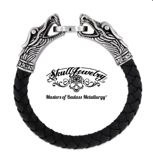 Double Dragon Leather & Stainless Steel Bracelet - 8-1/2 inches (#899)