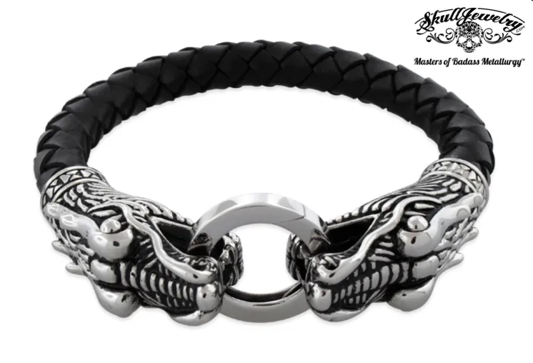 Double Dragon Leather & Stainless Steel Bracelet - 8-1/2 inches (#899)