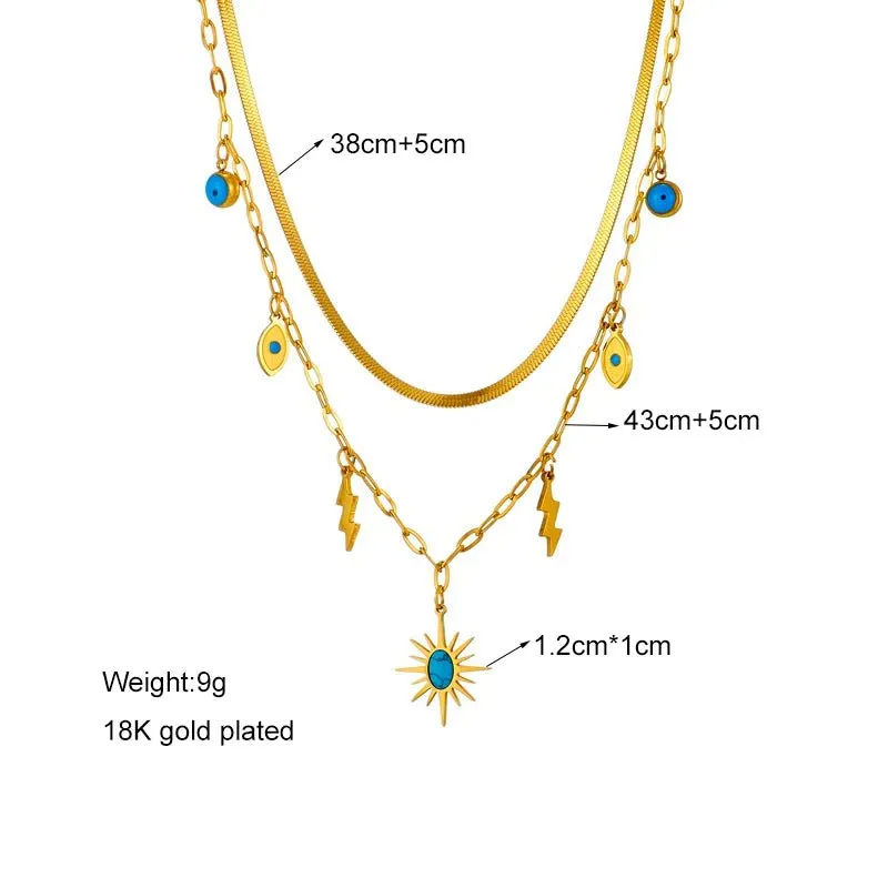 Double-Layer Green Stone Sun Pendant Necklace: Vintage Lightning Eye Chain
