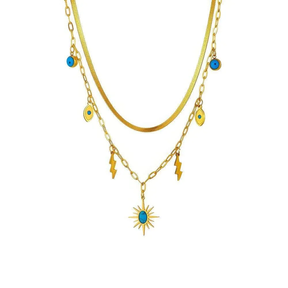 Double-Layer Green Stone Sun Pendant Necklace: Vintage Lightning Eye Chain
