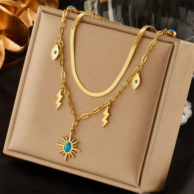 Double-Layer Green Stone Sun Pendant Necklace: Vintage Lightning Eye Chain