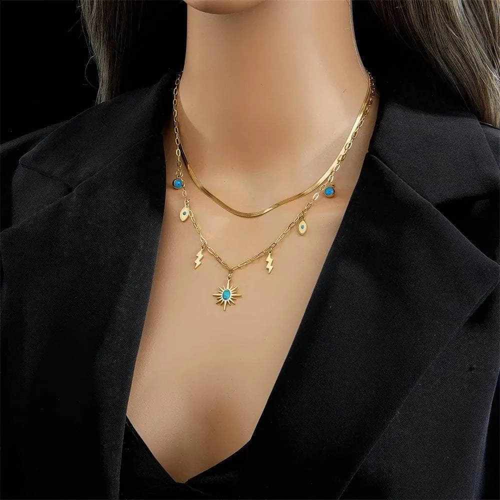 Double-Layer Green Stone Sun Pendant Necklace: Vintage Lightning Eye Chain