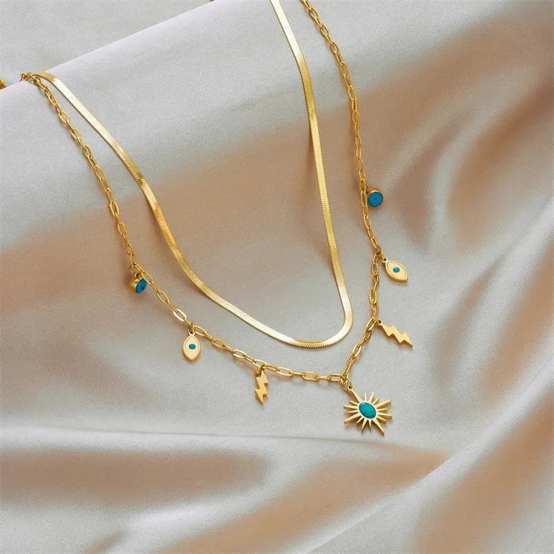 Double-Layer Green Stone Sun Pendant Necklace: Vintage Lightning Eye Chain