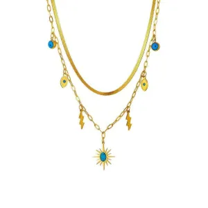 Double-Layer Green Stone Sun Pendant Necklace: Vintage Lightning Eye Chain