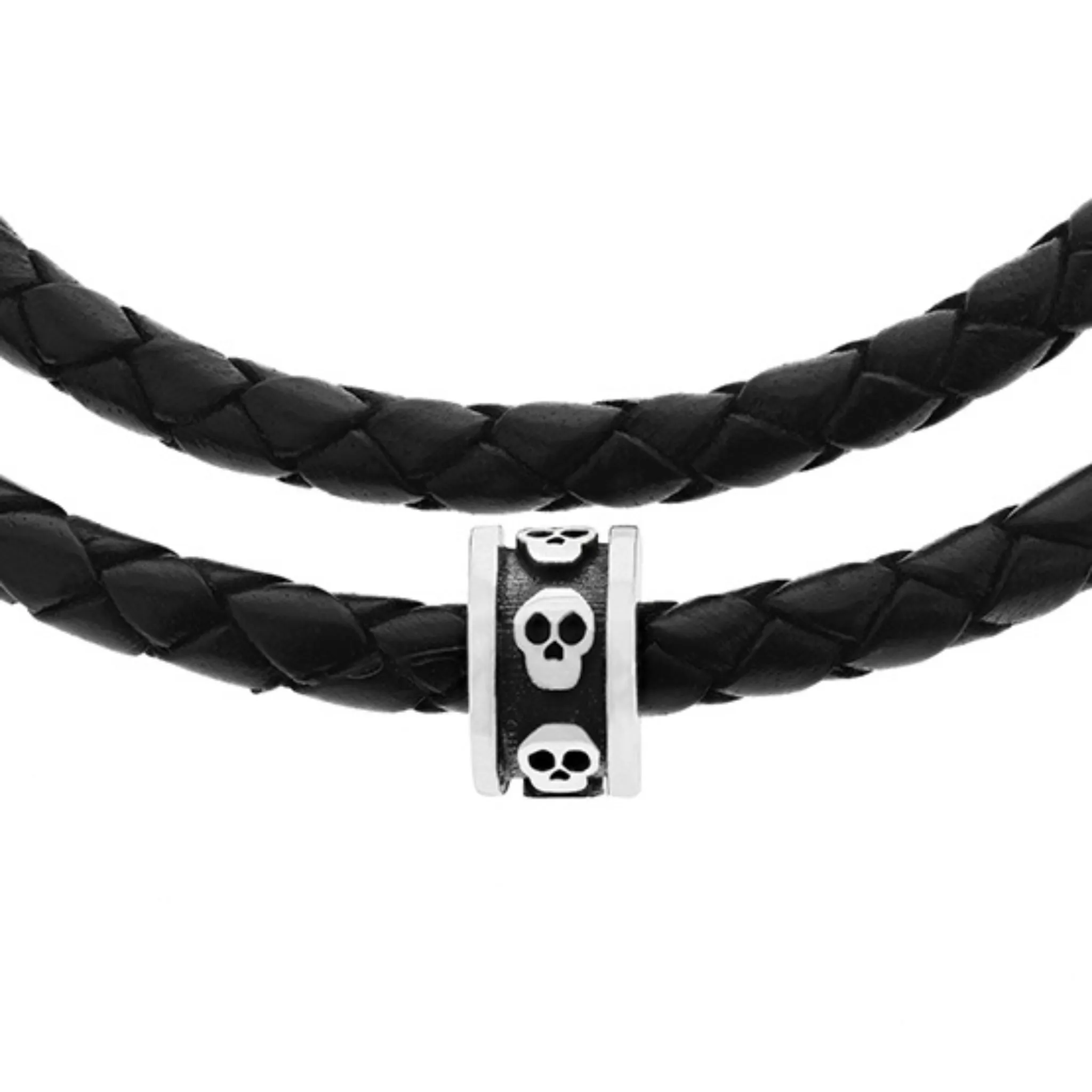 Double Wrap Leather Bracelet with Micro Stackable Skull Rings
