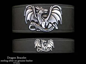 Dragon Bracelet Sterling Silver on Genuine Leather
