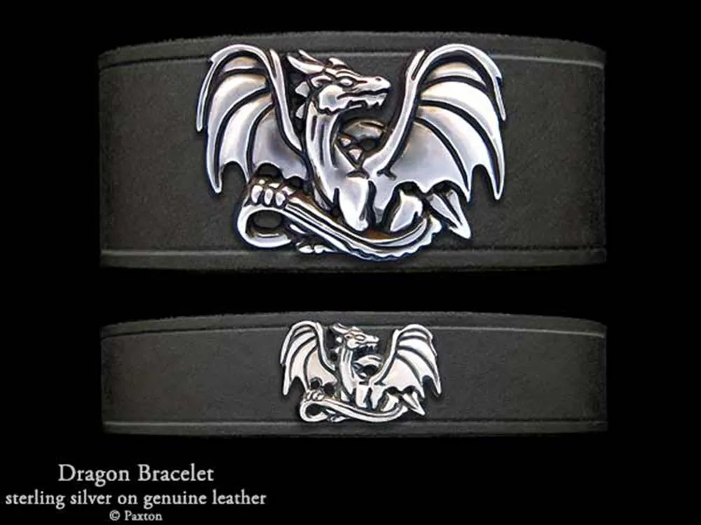 Dragon Bracelet Sterling Silver on Genuine Leather