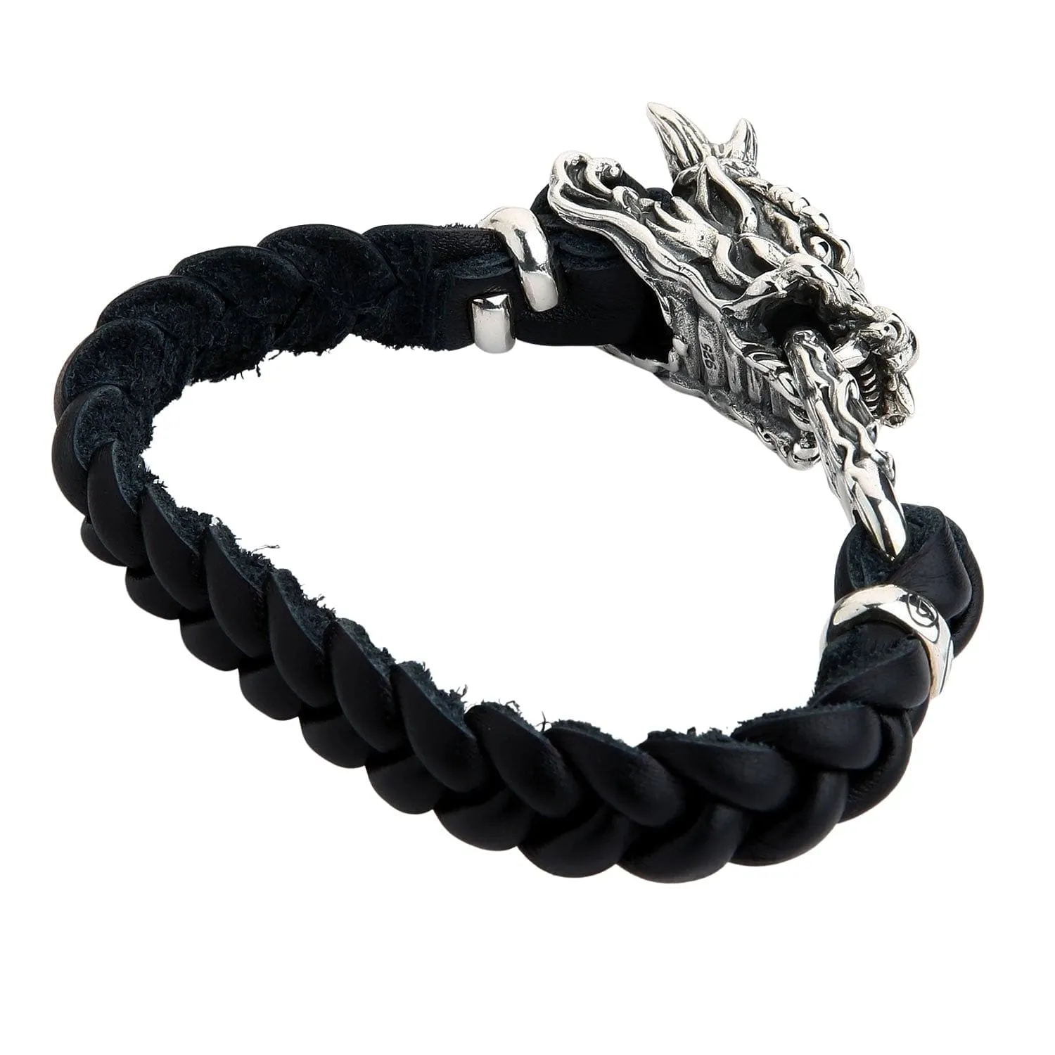Dragon Head Sterling Silver Leather Chain Bracelet