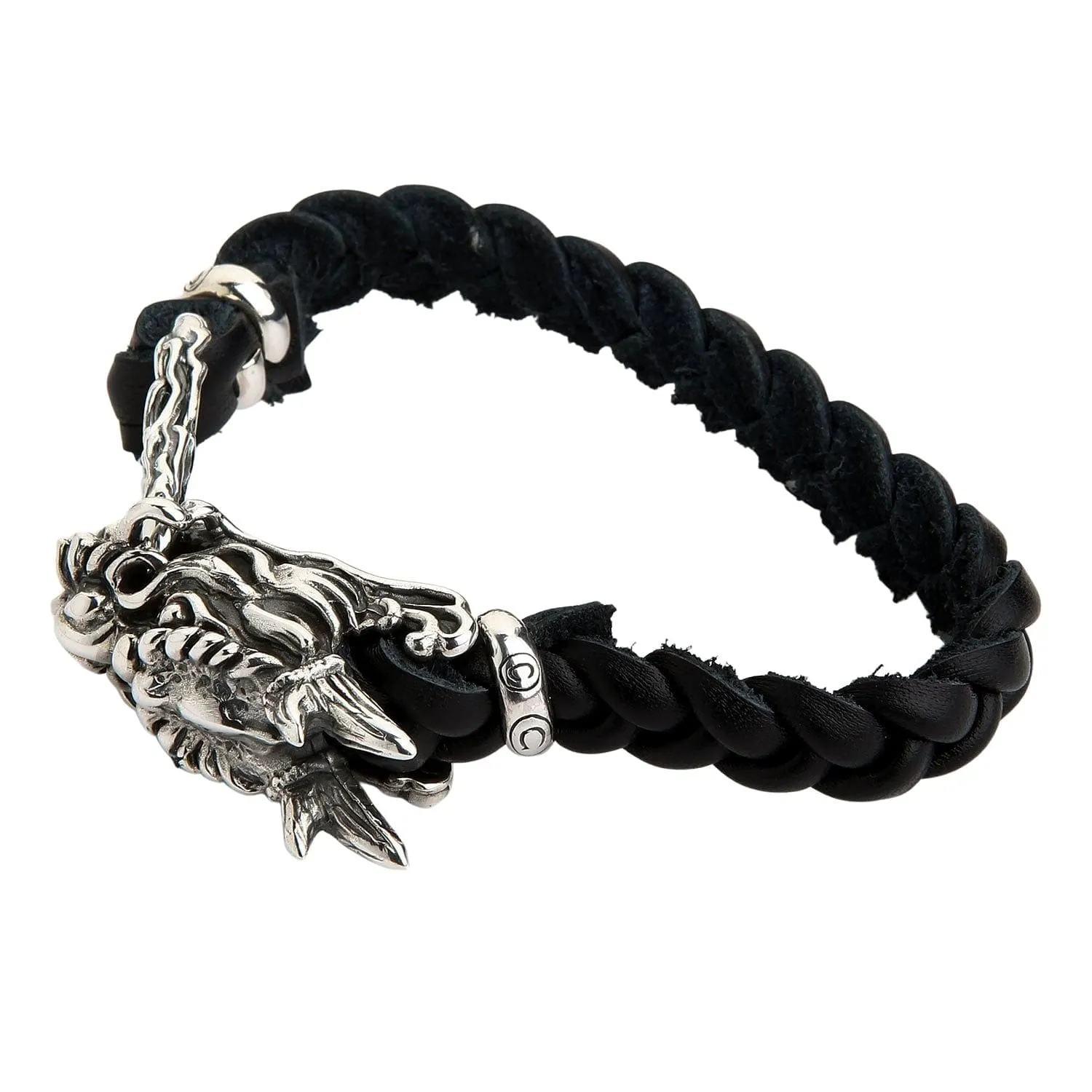 Dragon Head Sterling Silver Leather Chain Bracelet