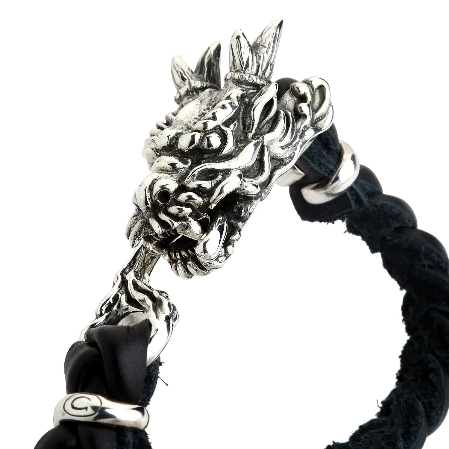 Dragon Head Sterling Silver Leather Chain Bracelet