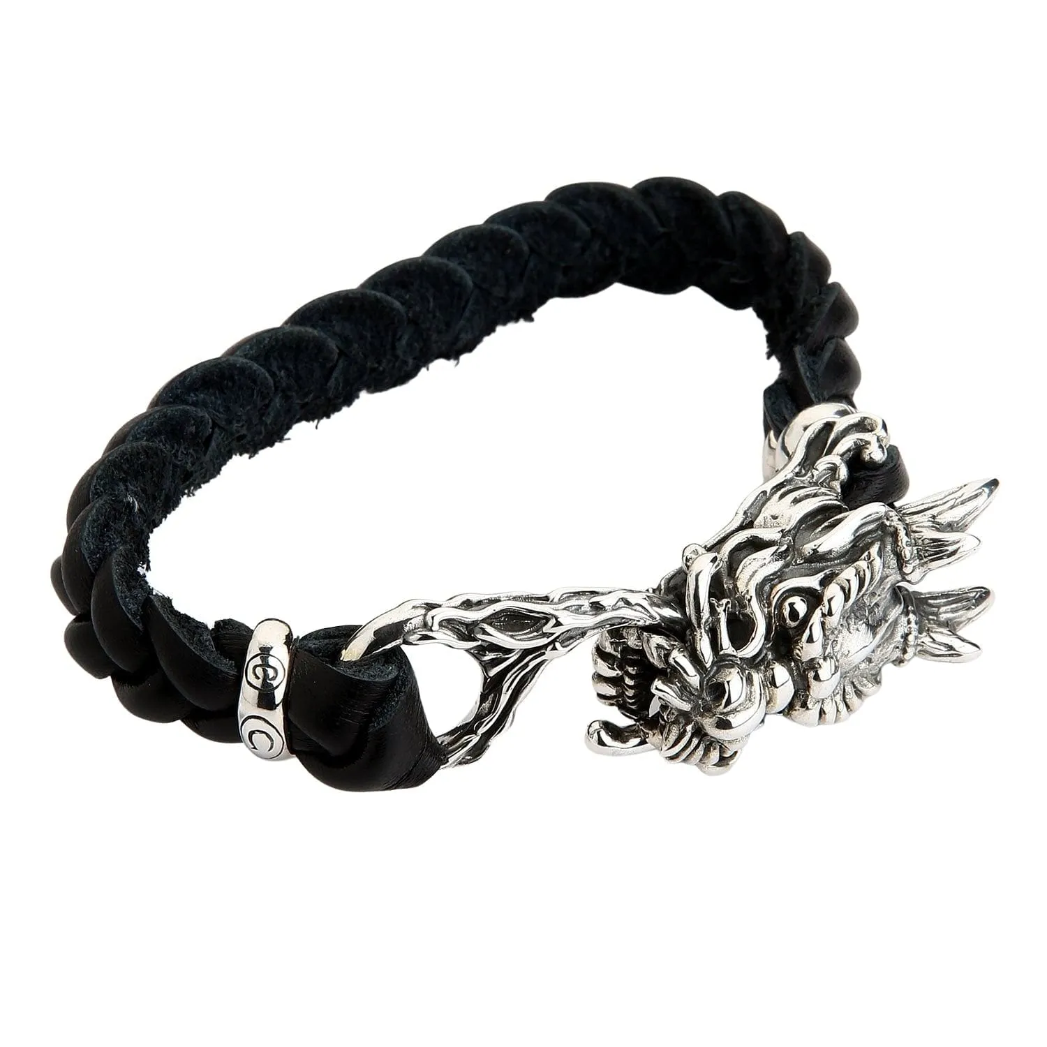 Dragon Head Sterling Silver Leather Chain Bracelet