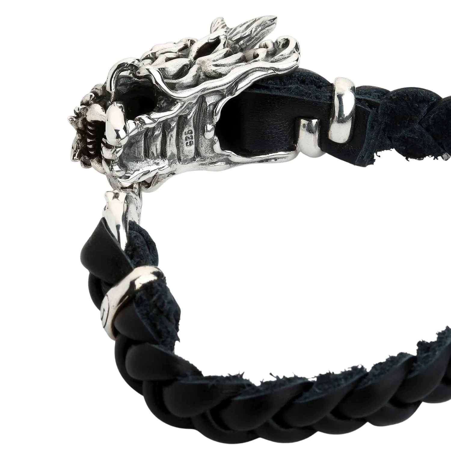 Dragon Head Sterling Silver Leather Chain Bracelet