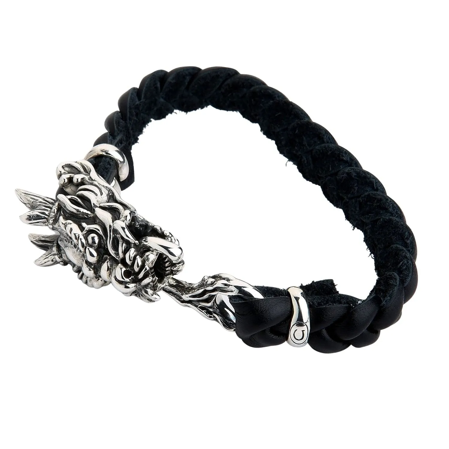 Dragon Head Sterling Silver Leather Chain Bracelet