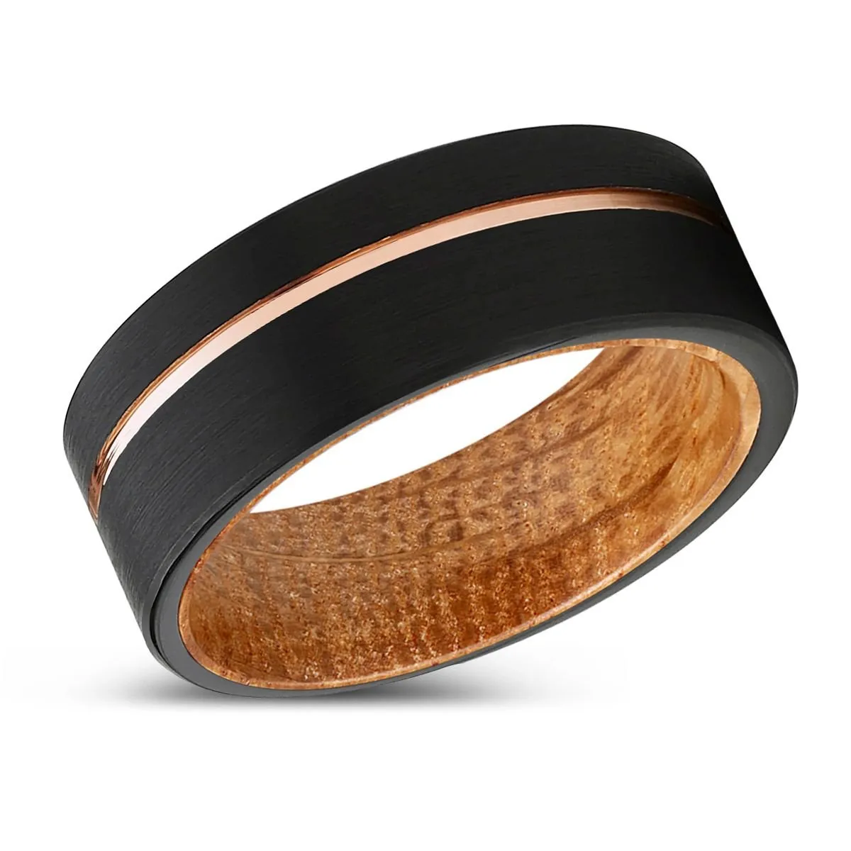 DYNAMIC | Whiskey Barrel Wood, Black Tungsten Ring, Rose Gold Offset Groove, Brushed, Flat