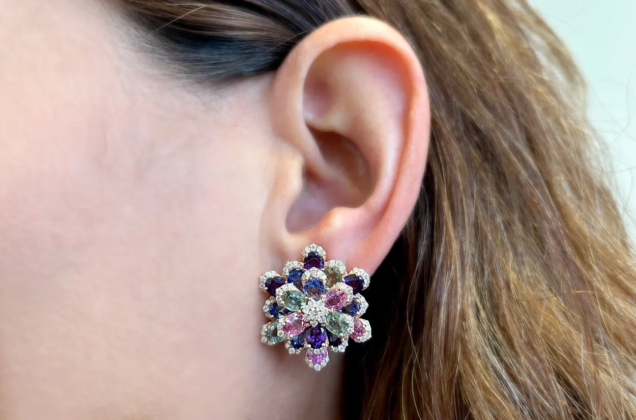 Earrings 18kt Gold Flowers Multicolor Gemstones & Diamonds