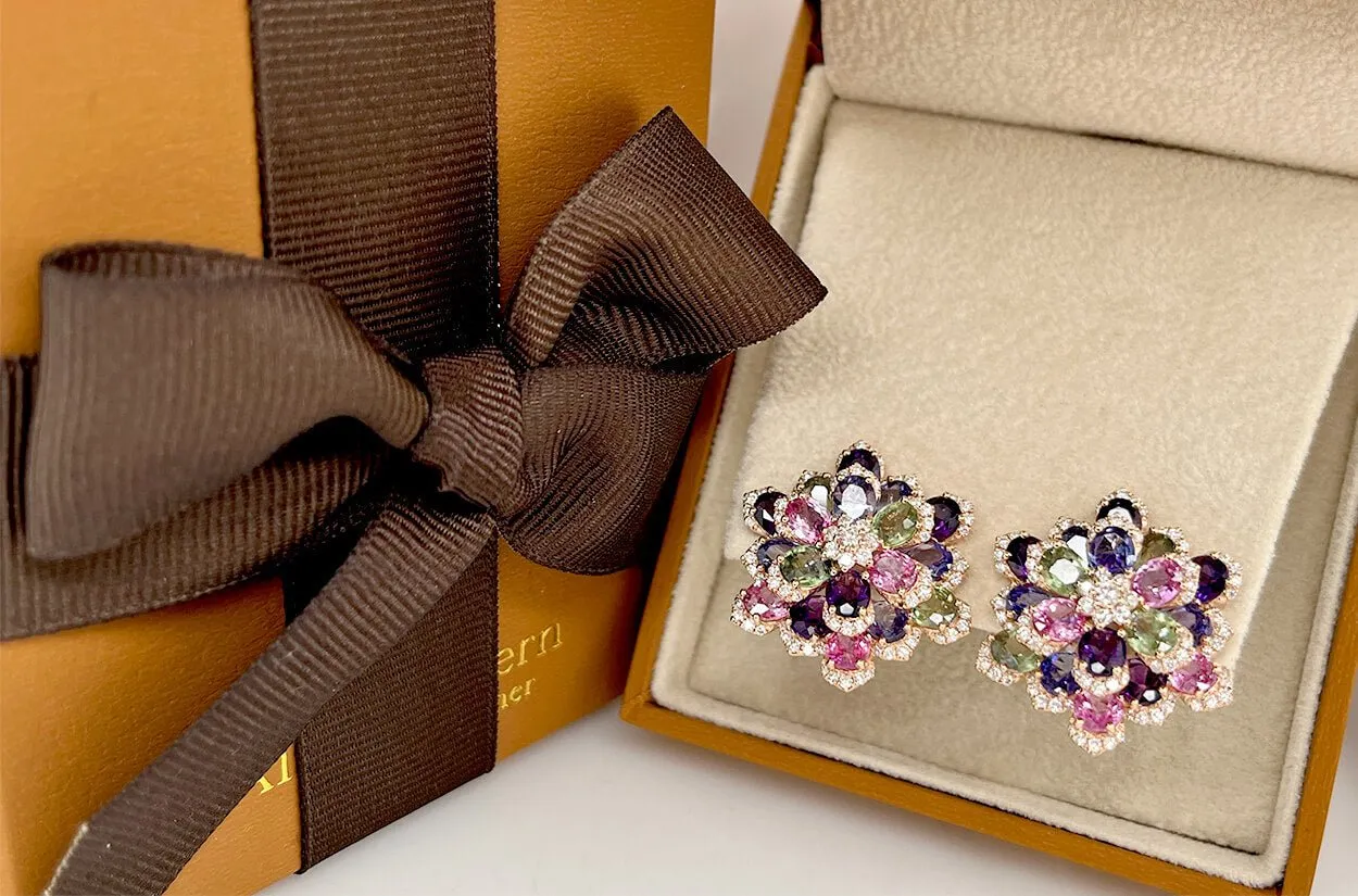 Earrings 18kt Gold Flowers Multicolor Gemstones & Diamonds