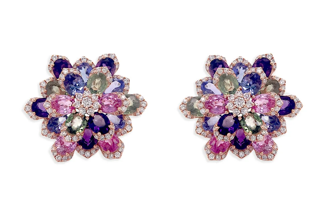 Earrings 18kt Gold Flowers Multicolor Gemstones & Diamonds