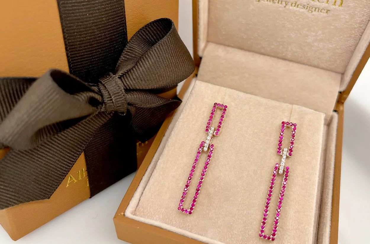 Earrings 18kt Gold Rectangular Rubies & Diamonds Drops