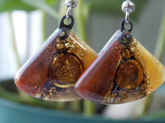 Earth Tones Recycled Glass earrings. Beige Brown and Terracotta fan shape drop Earrings
