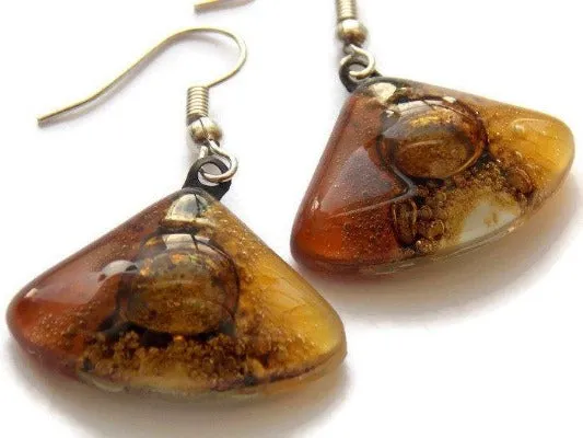 Earth Tones Recycled Glass earrings. Beige Brown and Terracotta fan shape drop Earrings