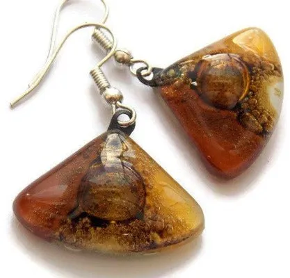Earth Tones Recycled Glass earrings. Beige Brown and Terracotta fan shape drop Earrings