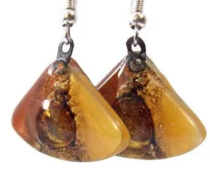 Earth Tones Recycled Glass earrings. Beige Brown and Terracotta fan shape drop Earrings