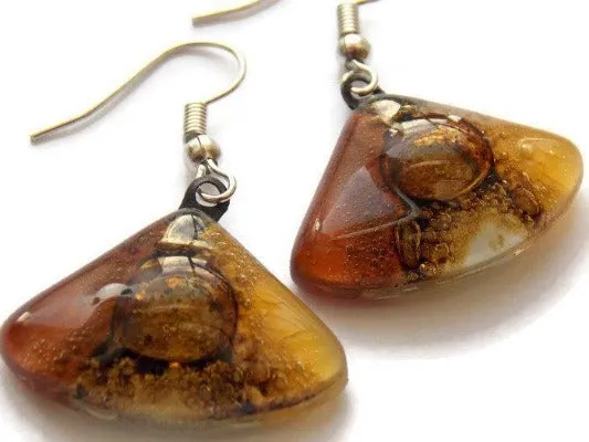 Earth Tones Recycled Glass earrings. Beige Brown and Terracotta fan shape drop Earrings