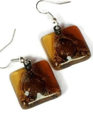 Earthy tones, White, beige, terracotta  and Brown Square Fused Glass earrings