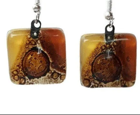 Earthy tones, White, beige, terracotta  and Brown Square Fused Glass earrings