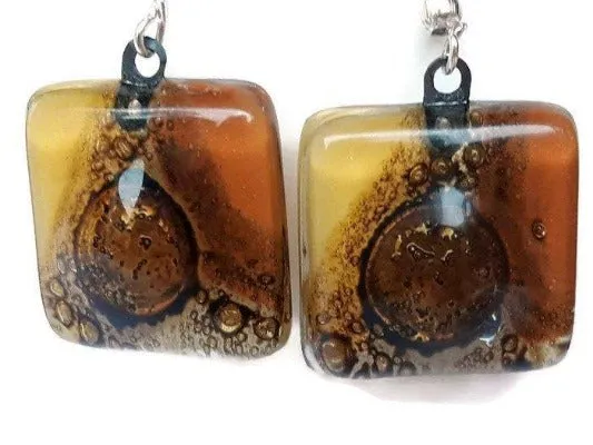 Earthy tones, White, beige, terracotta  and Brown Square Fused Glass earrings