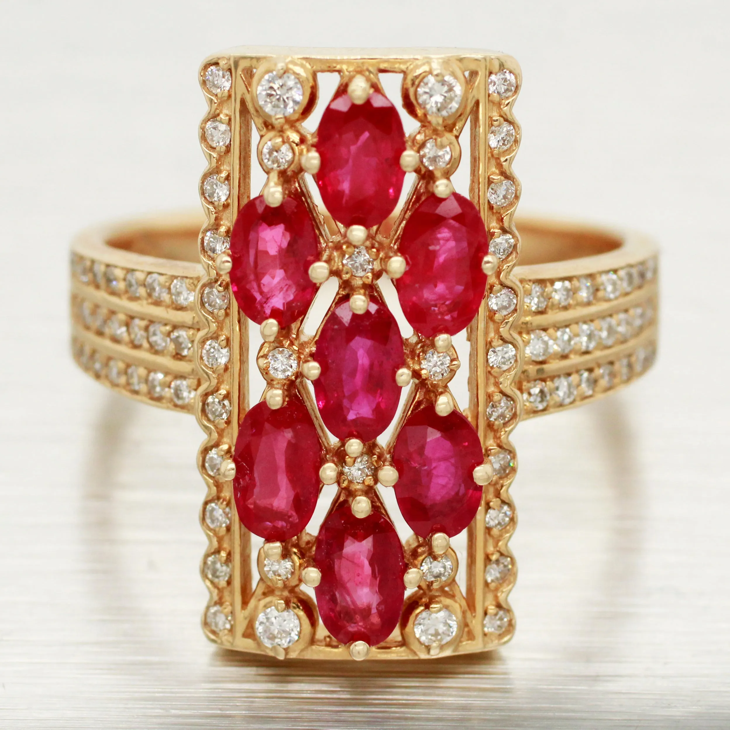 EFFY Ruby and Diamond Cocktail Ring - Rectangle 14k Yellow Gold Setting - Size 9