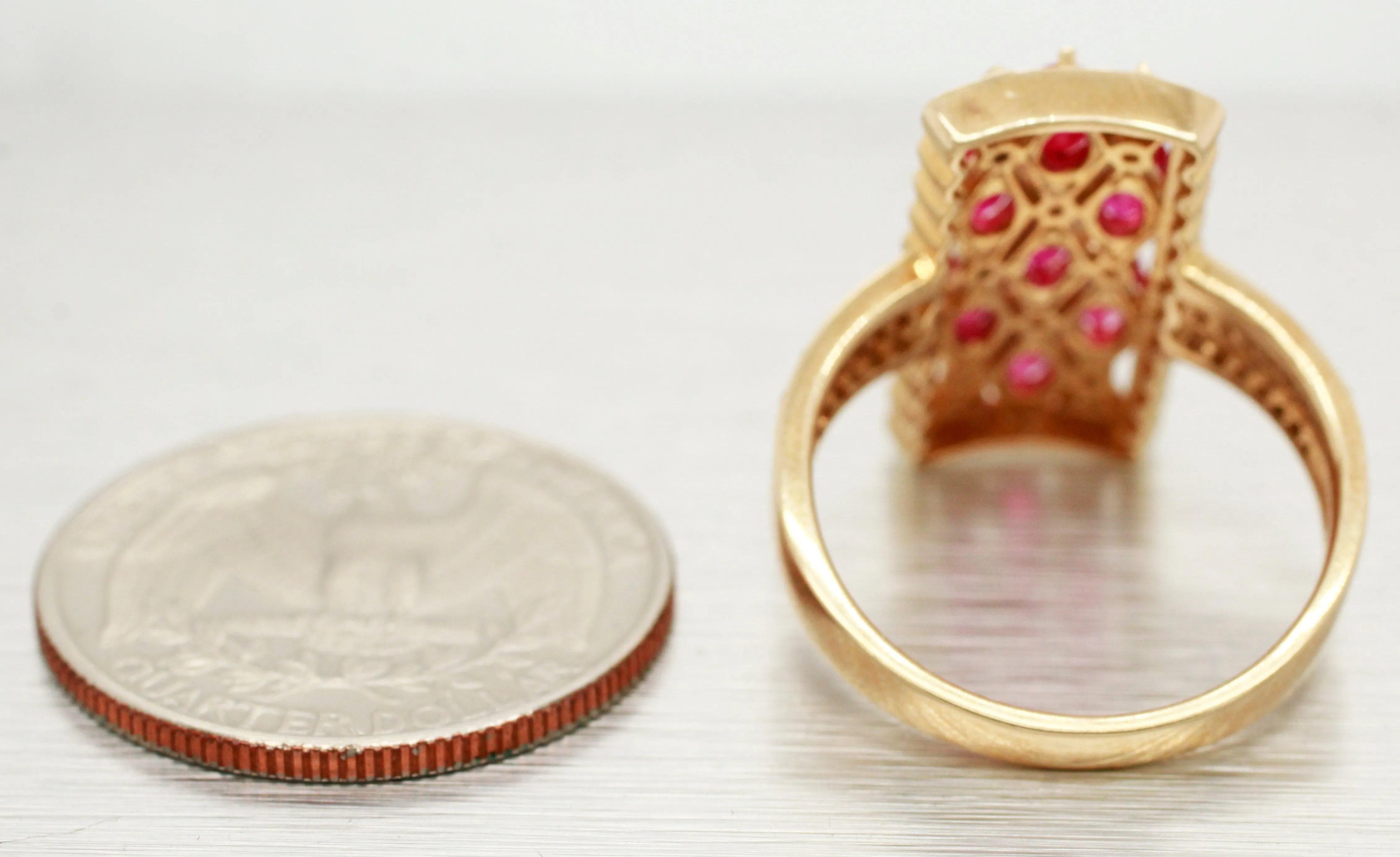EFFY Ruby and Diamond Cocktail Ring - Rectangle 14k Yellow Gold Setting - Size 9