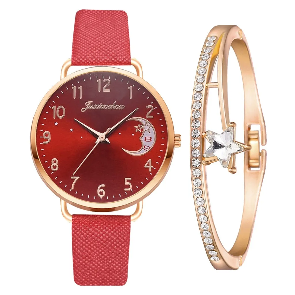 Elegant Moon Numbers Dial Watch and Bracelets Set