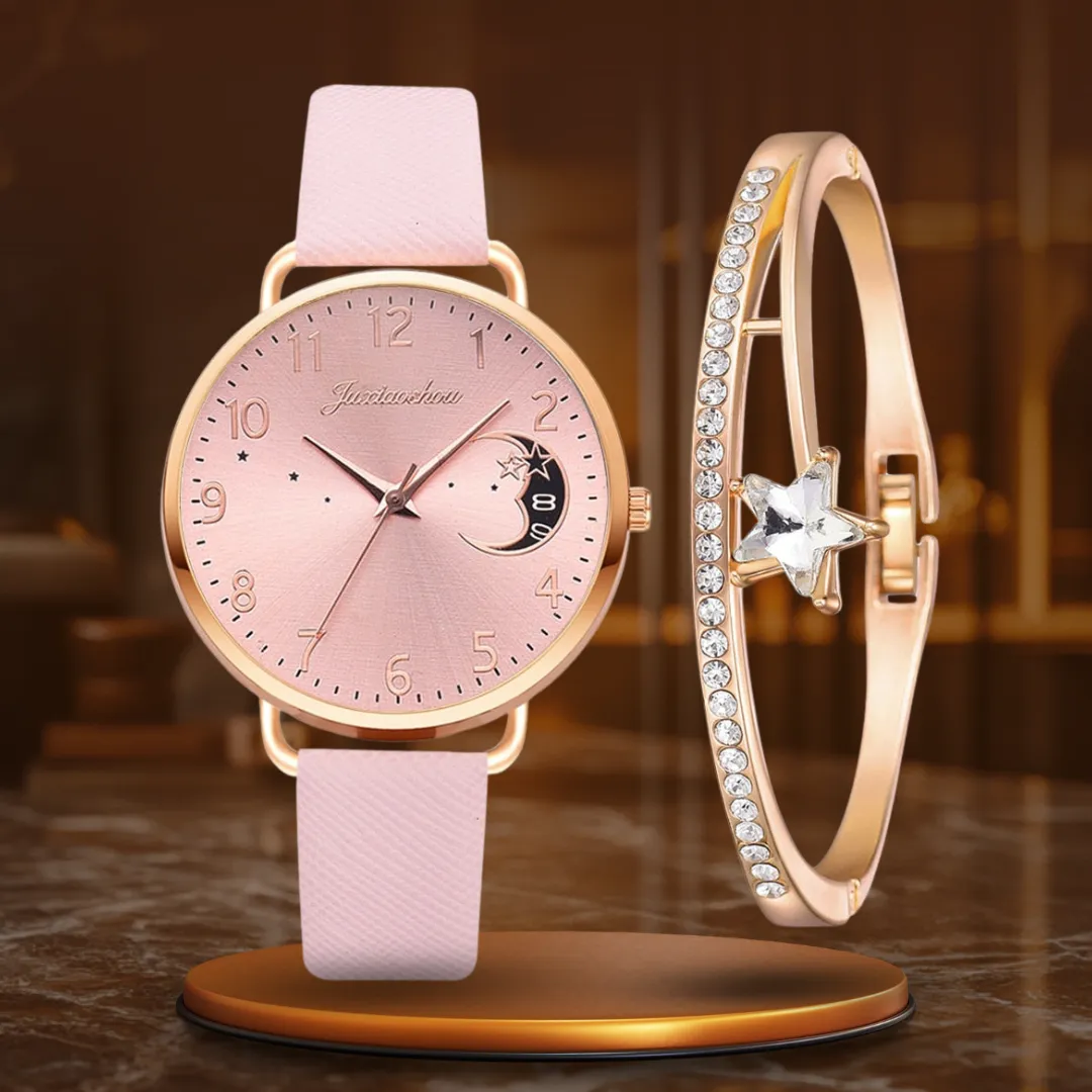 Elegant Moon Numbers Dial Watch and Bracelets Set