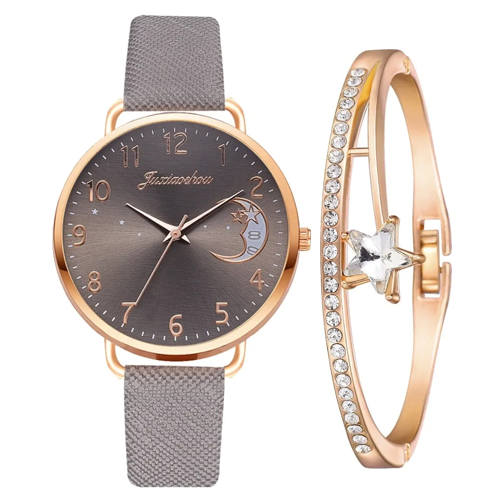 Elegant Moon Numbers Dial Watch and Bracelets Set